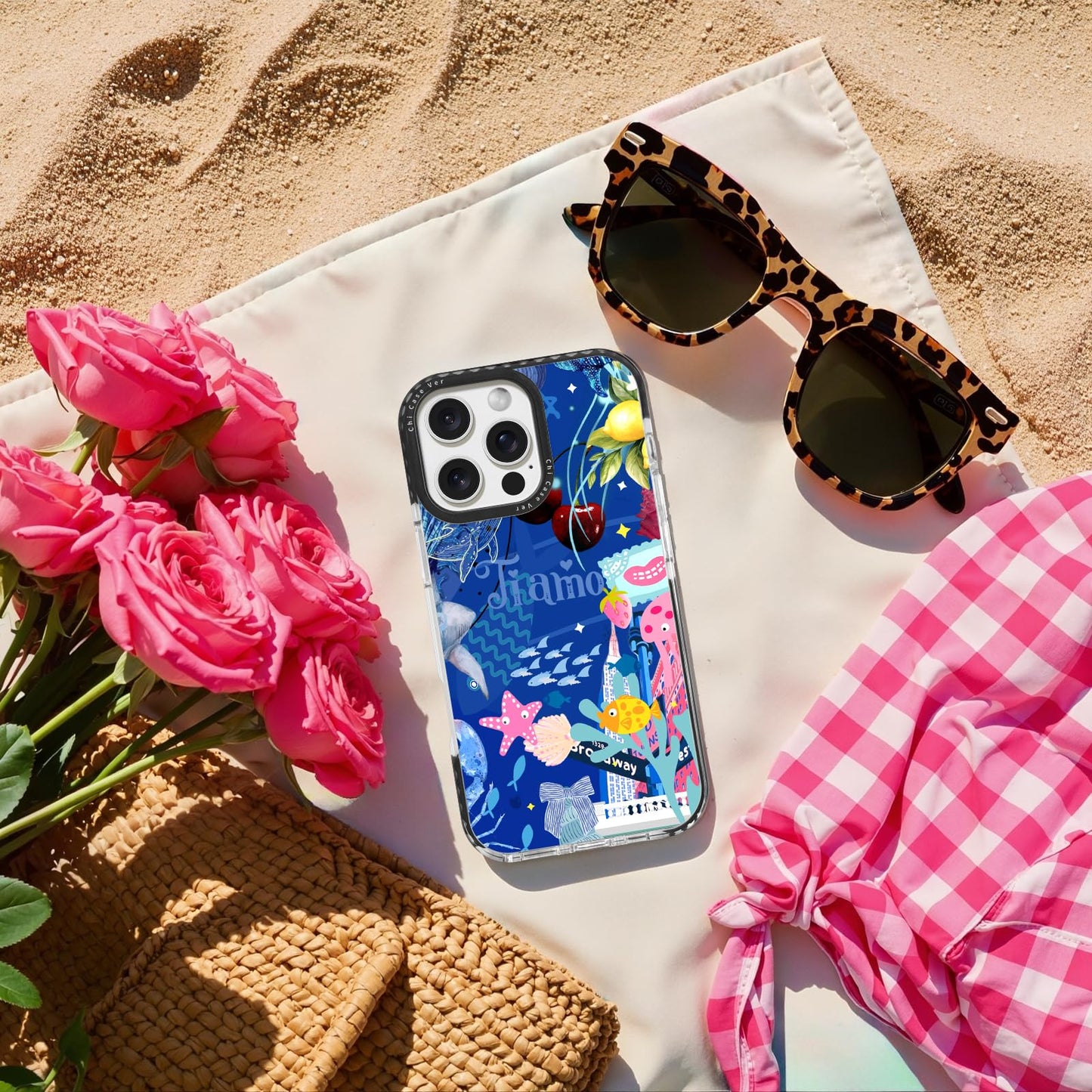 ChiCaseVer for iPhone 15 Case Pink Ocean Adventure Collage Pattern Military Grade Drop Protection Slim TPU with Camera Protection, Aesthetic Summer Design for Women Girls