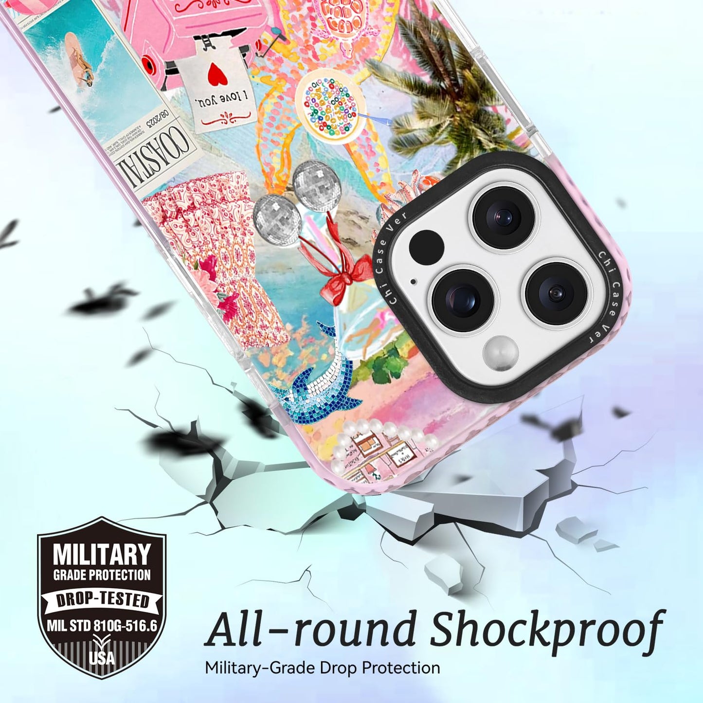 ChiCaseVer for iPhone 14 Case, Coastal Life Pattern with Tropical Collage, Military-Grade Drop Protection, Cute Soft Slim TPU Protective Cover with Camera Protection for Women & Girls