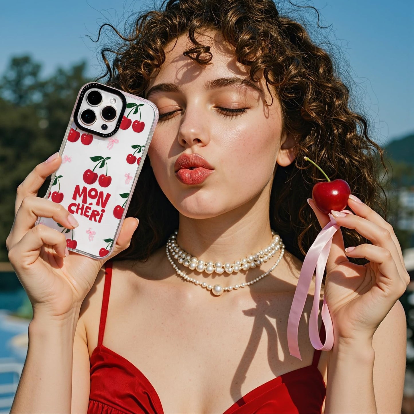 ChiCaseVer for iPhone 14 Case, Cute Cherry Mon Chéri Pattern with Bows, Military-Grade Drop Protection, Cute Soft Slim TPU Protective Cover with Camera Protection for Women & Girls
